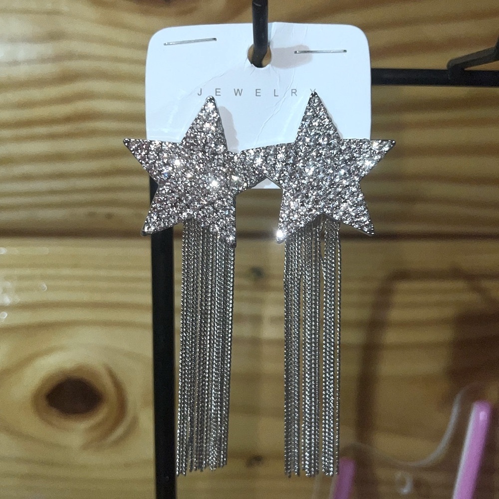 Beautiful Rhinestone Stars dangled with sparkling tassels earrings.